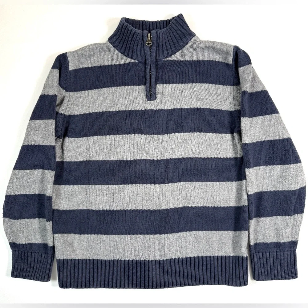 OSHKOSH Boys Quarter Zip Sweater‎ Size 8 Blue Gray Striped Preppy Classic